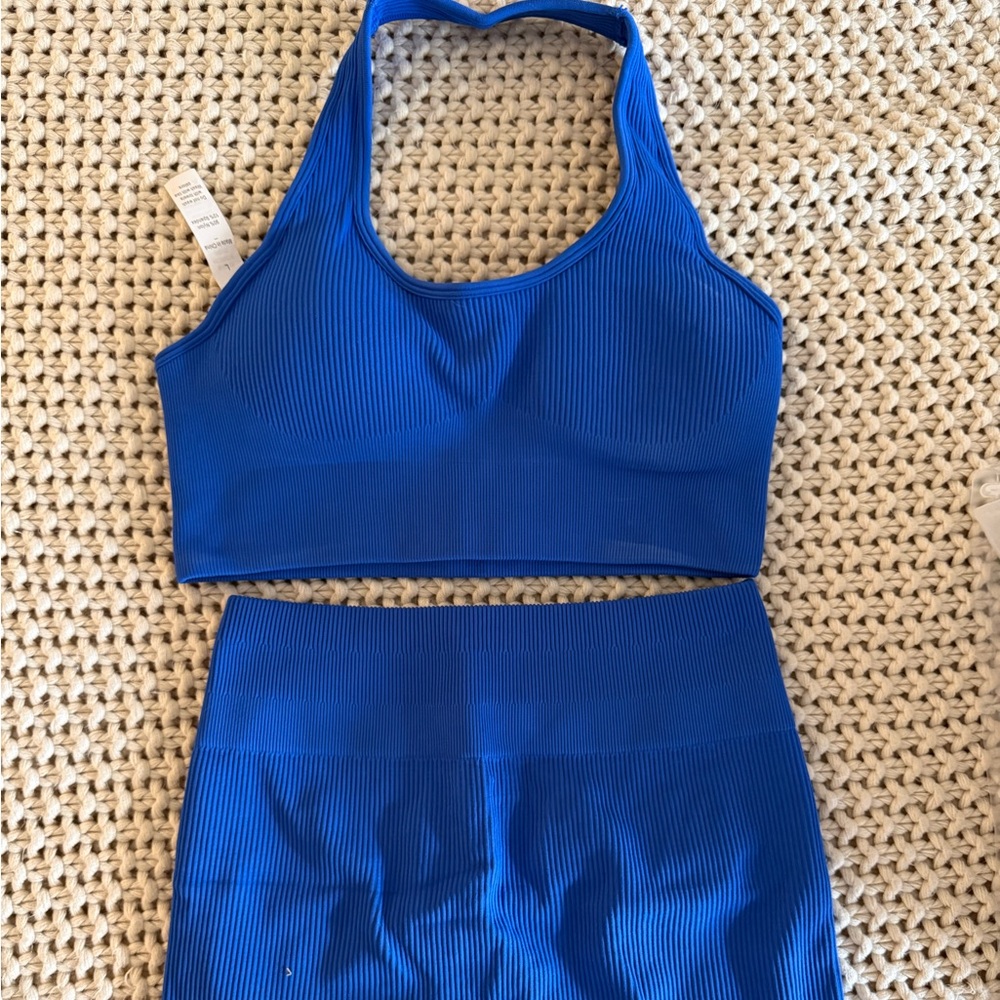 Blue Ribbed Sports Bra and Shorts Set